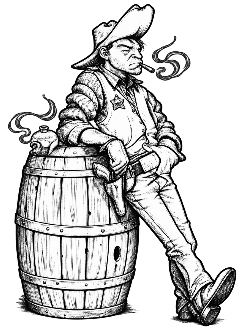 Illustration of a rugged sheriff leaning on a wooden barrel, smoking a pipe, embodying the Wild West spirit.