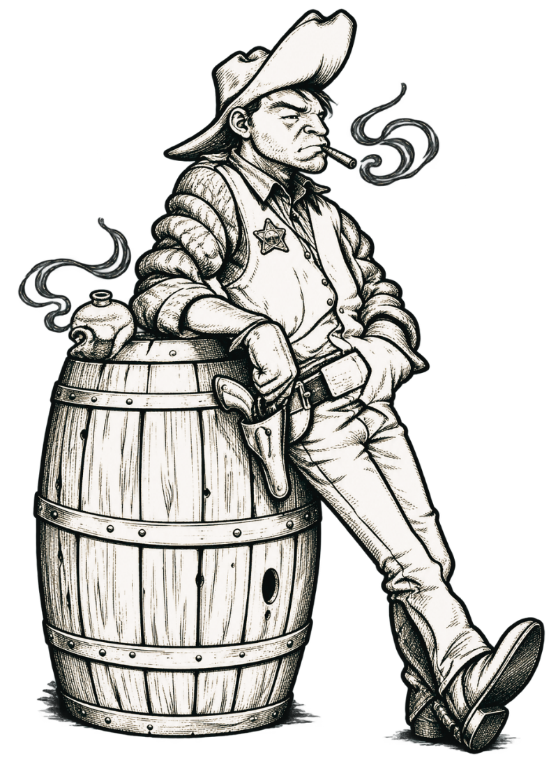 Illustration of a tough cowboy sheriff leaning on a wooden barrel, smoking a pipe and exuding a rugged, western vibe.