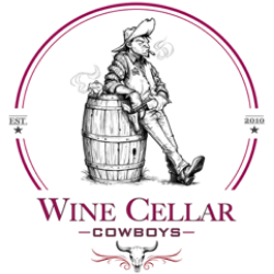 Stylized logo of Wine Cellar Cowboys featuring a cowpoke relaxing on a barrel, showcasing a unique blend of cowboy and wine culture.